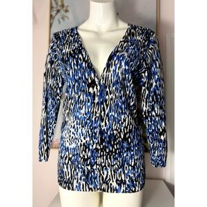 Grace Blue White Art Print Knit V-Neck Button Cardigan 3/4 Sleeve Size Large